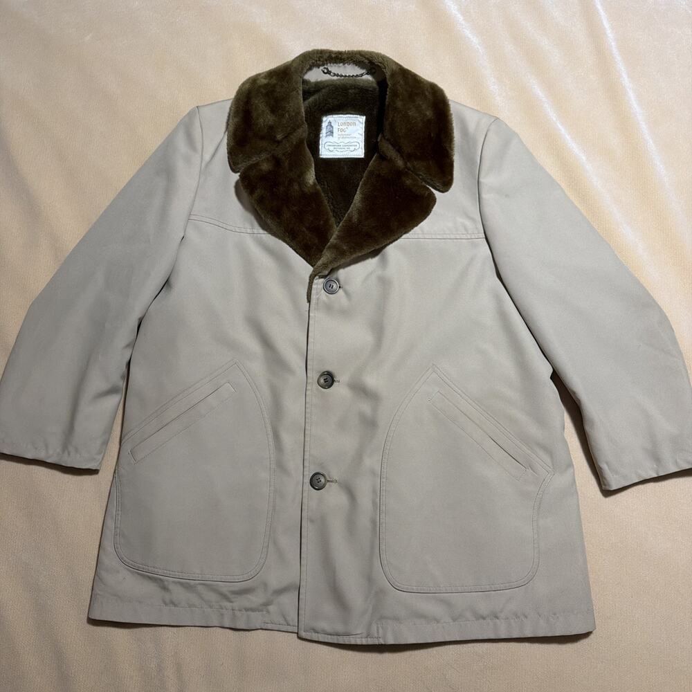 Vintage London Fog Mens 46 Regular Coat Tan Faux Fur Lined Jacket 3 Button Front